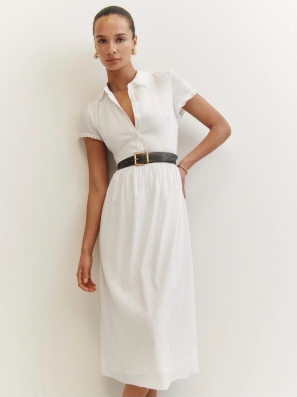 Reformation White Short-Sleeve Collared Midi Dress